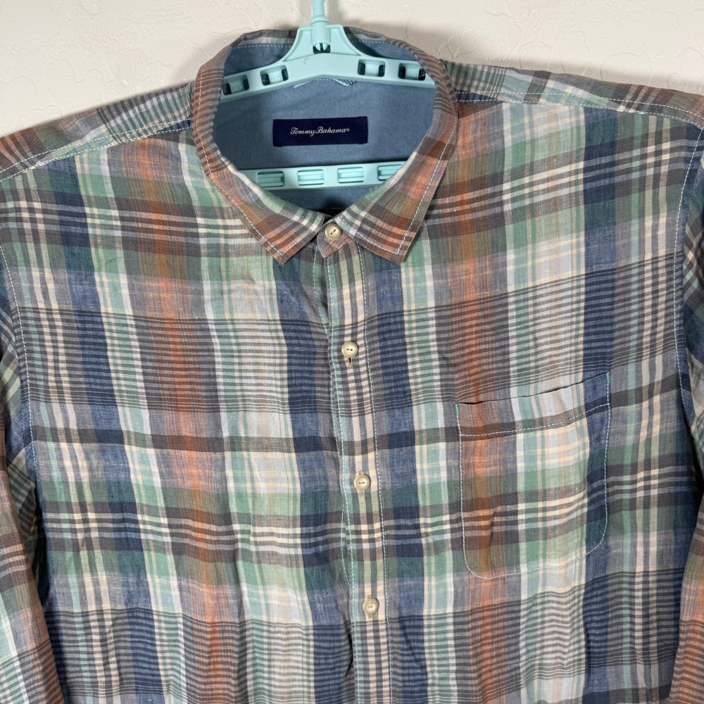 Tommy Bahama Shirt Mens 3XL Blue Brown Linen Button Up Long Sleeve Plaid Beach